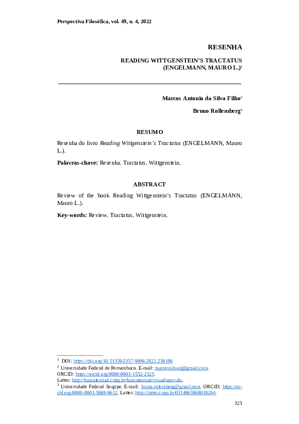 (PDF) 2022 Perspectiva "Resenha ao READING WITTGENSTEIN’S TRACTATUS de Mauro Engelmann" Marcos