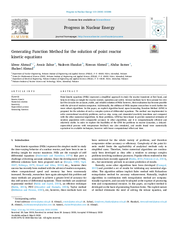(PDF) Generating Function Method for the solution of point reactor ...
