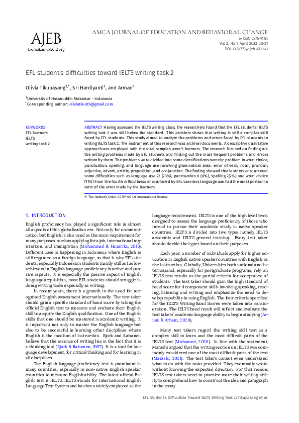 (PDF) EFL Student's Difficulties Toward IELTS Writing Task 2