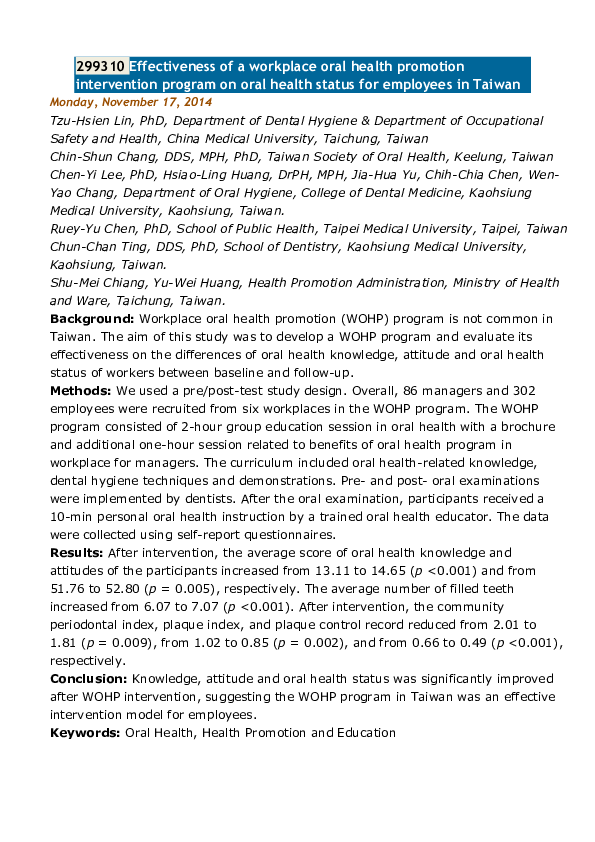 (PDF) Effectiveness of a workplace oral health promotion intervention ...