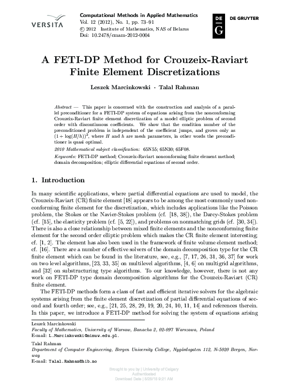 (PDF) A FETI-DP Method for Crouzeix-Raviart Finite Element Discretizations