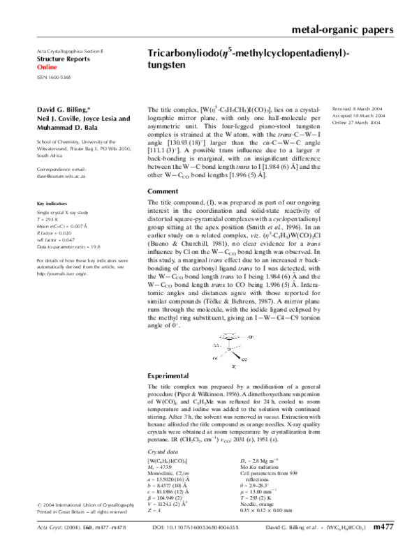 (PDF) Tricarbonyliodo(η5methylcyclopentadienyl)tungsten David Billing Academia.edu