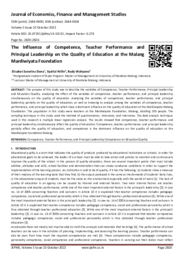 (PDF) The Influence of Competence, Teacher Performance and Principal ...