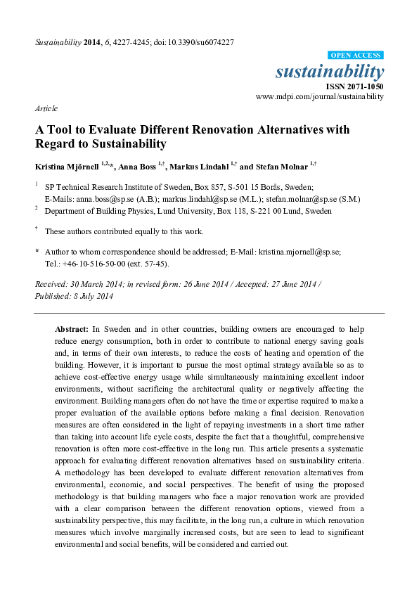 Image showcasing (PDF) Article A Tool to Evaluate Different Renovation Alternatives with ...