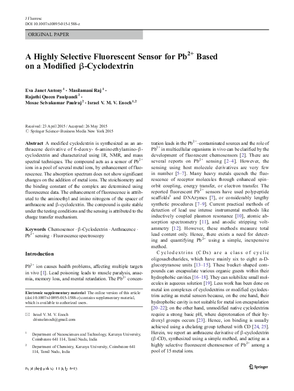 (PDF) A Highly Selective Fluorescent Sensor for Pb2+ Based on a ...
