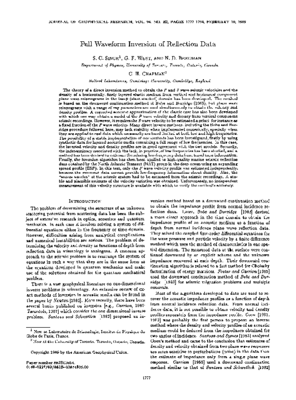 (PDF) Full waveform inversion of reflection data