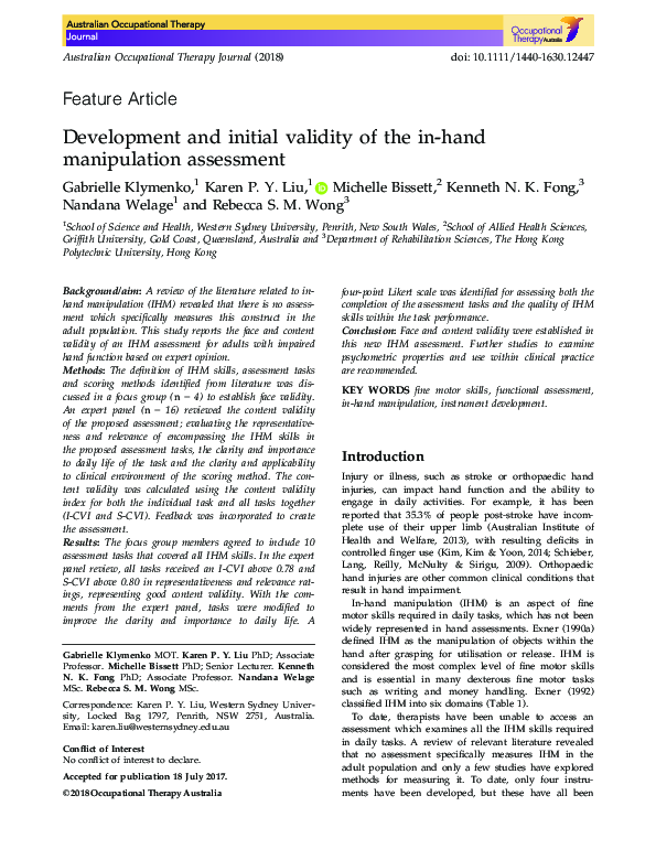 (PDF) Development and initial validity of the in-hand manipulation ...