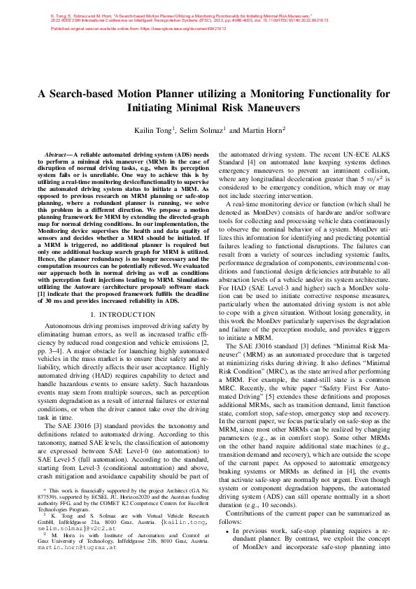 (PDF) A Search-based Motion Planner utilizing a Monitoring ...