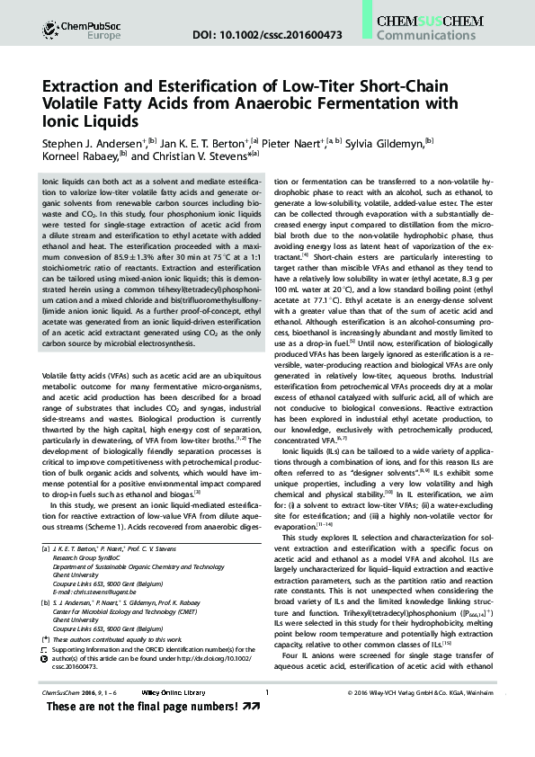 (PDF) Extraction and Esterification of Low-Titer Short-Chain Volatile ...