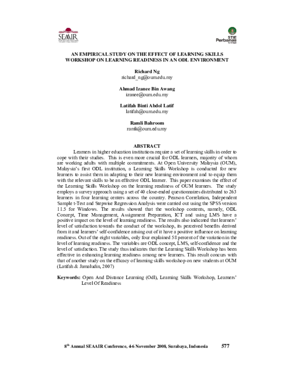 (PDF) An empirical study of the effect on learning skills workshop on ...