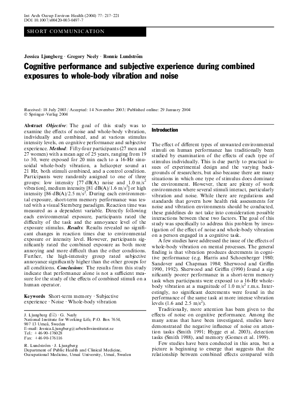 (PDF) Cognitive performance and subjective experience during combined ...