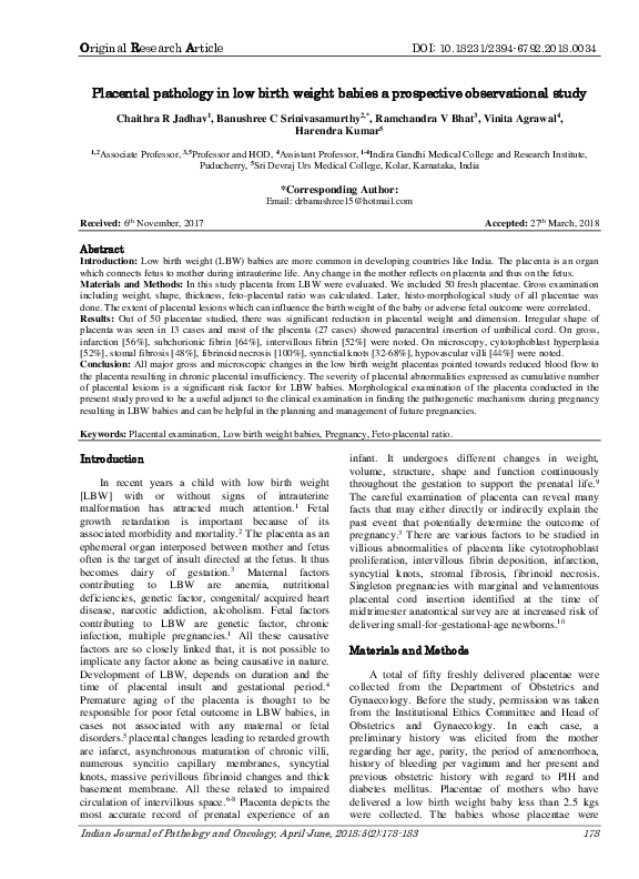 (PDF) Placental pathology in low birth weight babies a prospective ...