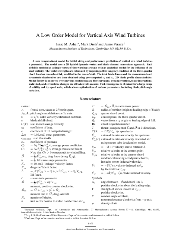 (PDF) A Low Order Model for Vertical Axis Wind Turbines