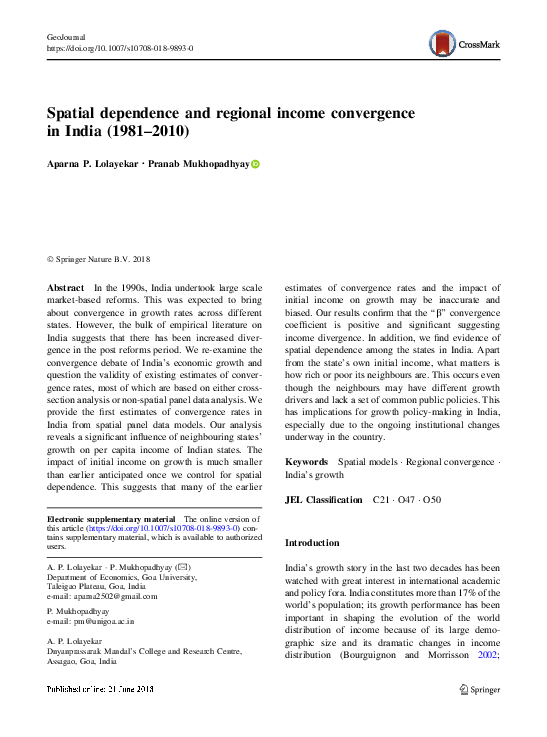 (PDF) Spatial dependence and regional income convergence in India (1981 ...