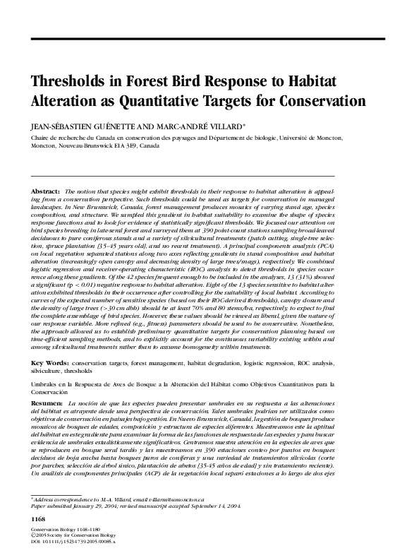 (PDF) Thresholds in Forest Bird Response to Habitat Alteration as ...