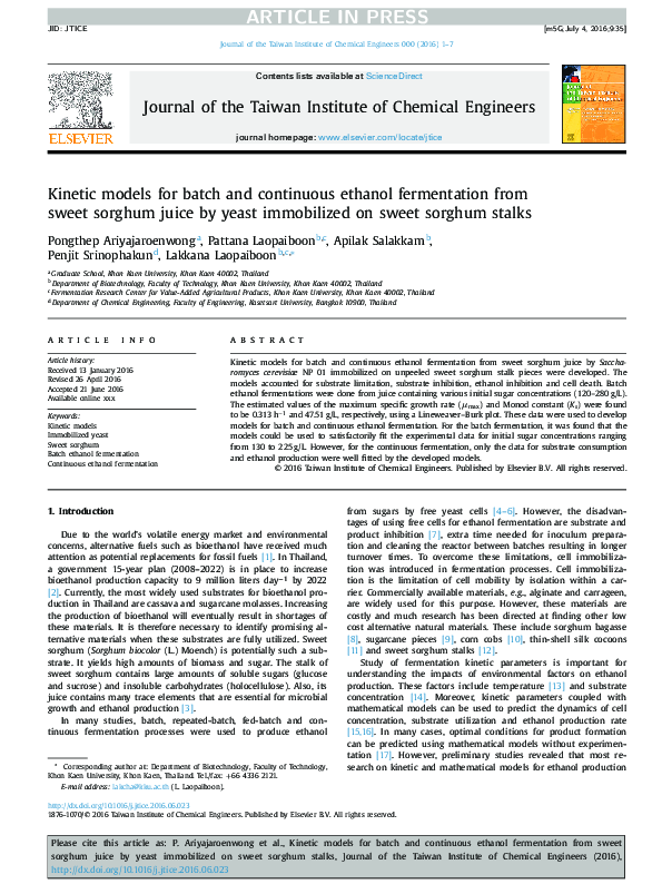 (PDF) Kinetic models for batch and continuous ethanol fermentation from ...