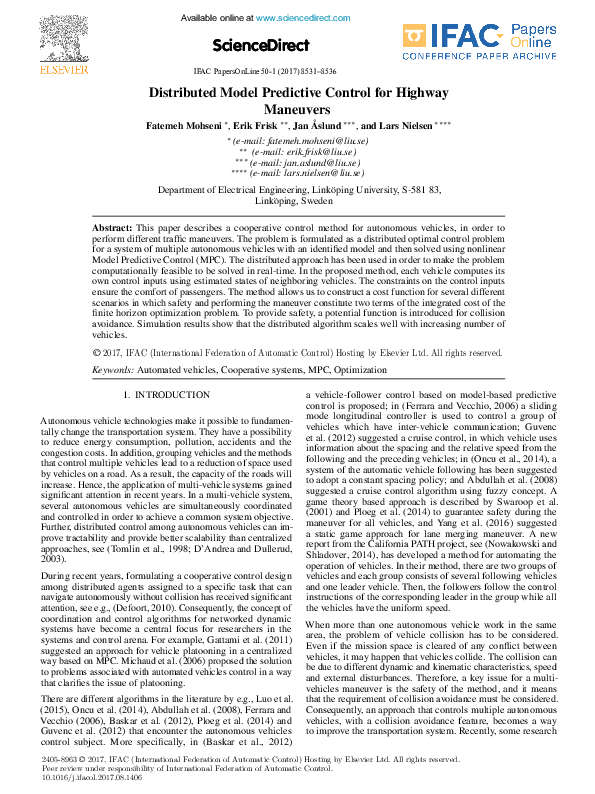 (PDF) Distributed Model Predictive Control for Highway Maneuvers