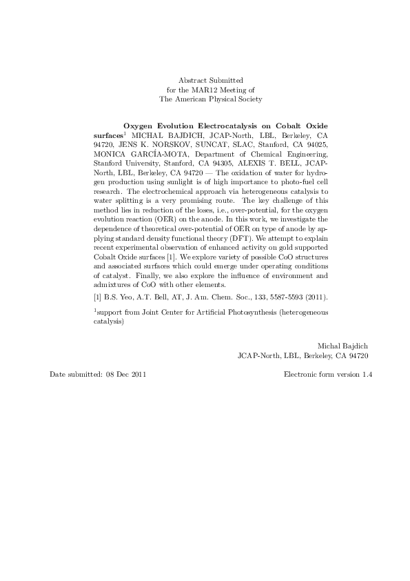(PDF) Oxygen Evolution Electrocatalysis on Cobalt Oxide surfaces