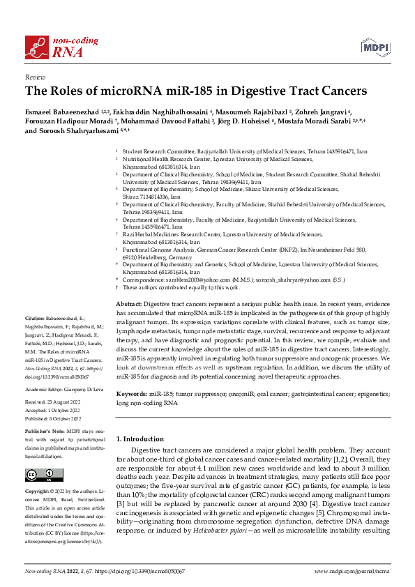 (PDF) The Roles of microRNA miR-185 in Digestive Tract Cancers