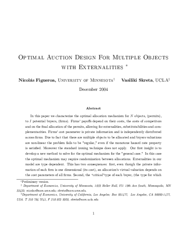 (PDF) Optimal auction design for multiple objects with externalities