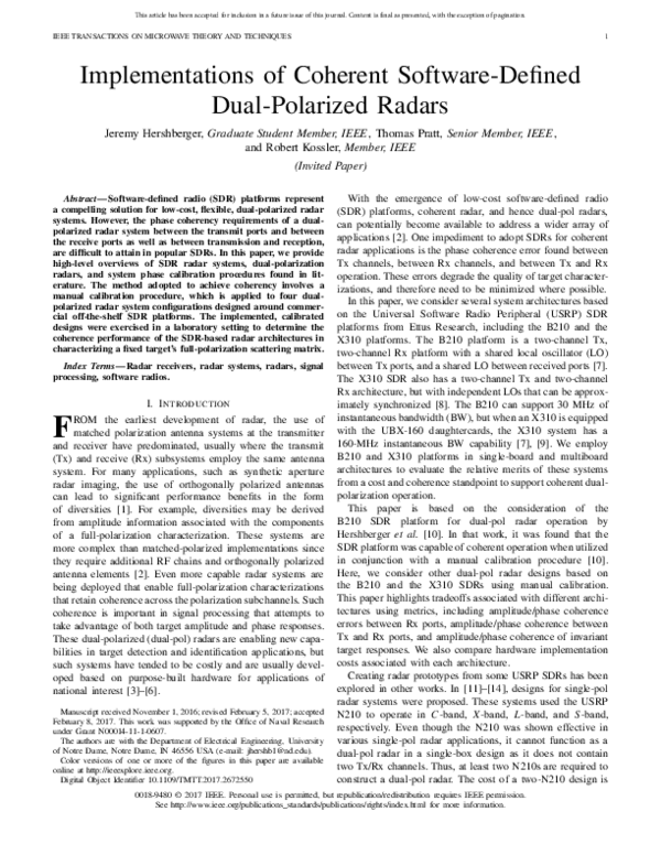 (PDF) Implementations of Coherent Software-Defined Dual-Polarized Radars