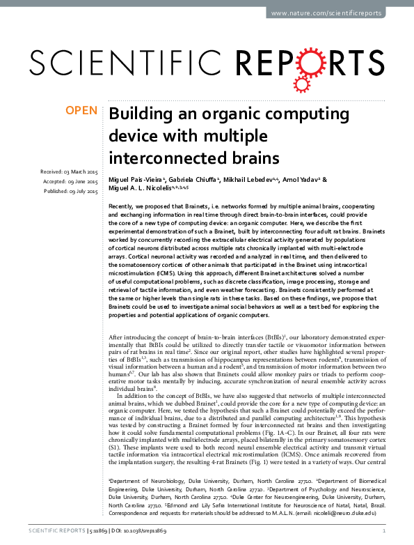 Building an organic computing device with multiple interconnected brains