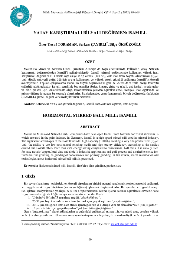 (PDF) Yatay Kariştirmali Bi̇lyali Deği̇rmen: Isamill Horizontal Stirred ...