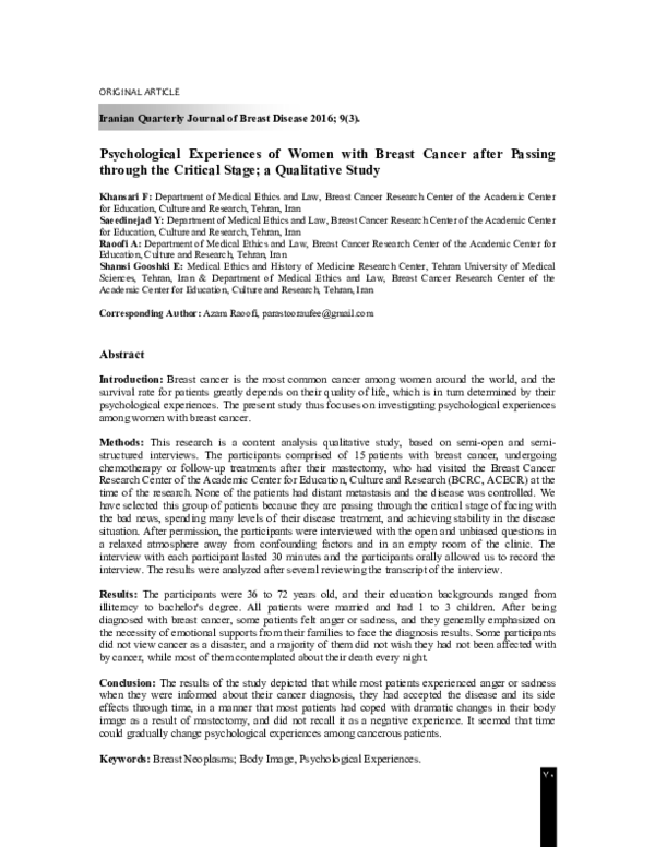 (PDF) Psychological Experiences of Women with Breast Cancer after ...