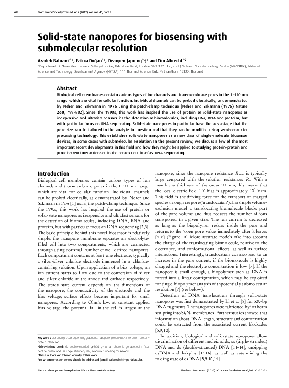 (PDF) Solid-state nanopores for biosensing with submolecular resolution