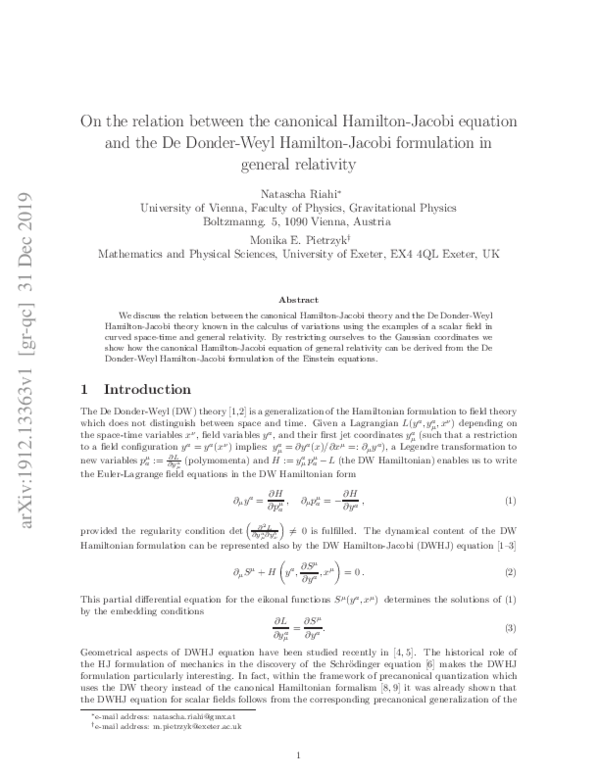 (PDF) On the Relation Between the Canonical Hamilton–Jacobi Equation ...