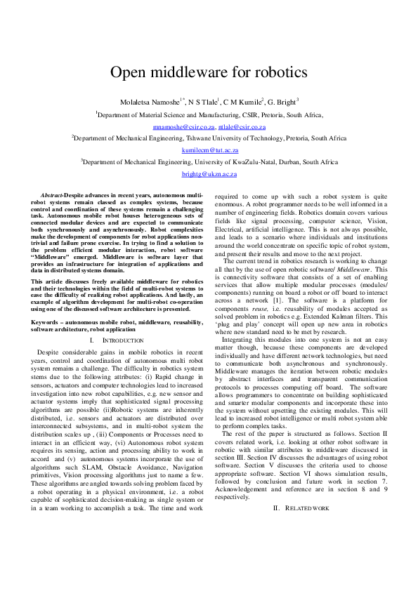 (PDF) Open middleware for robotics