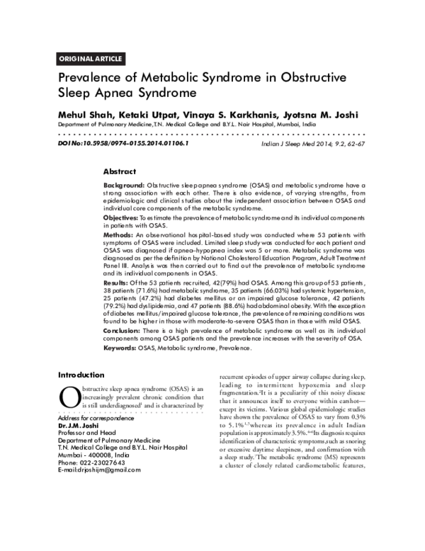 (PDF) Prevalence of Metabolic Syndrome in Obstructive Sleep Apnea Syndrome