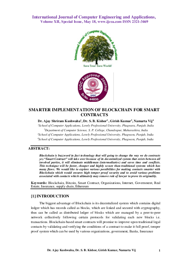 (PDF) SMARTER IMPLEMENTATION OF BLOCKCHAIN FOR SMART CONTRACTS
