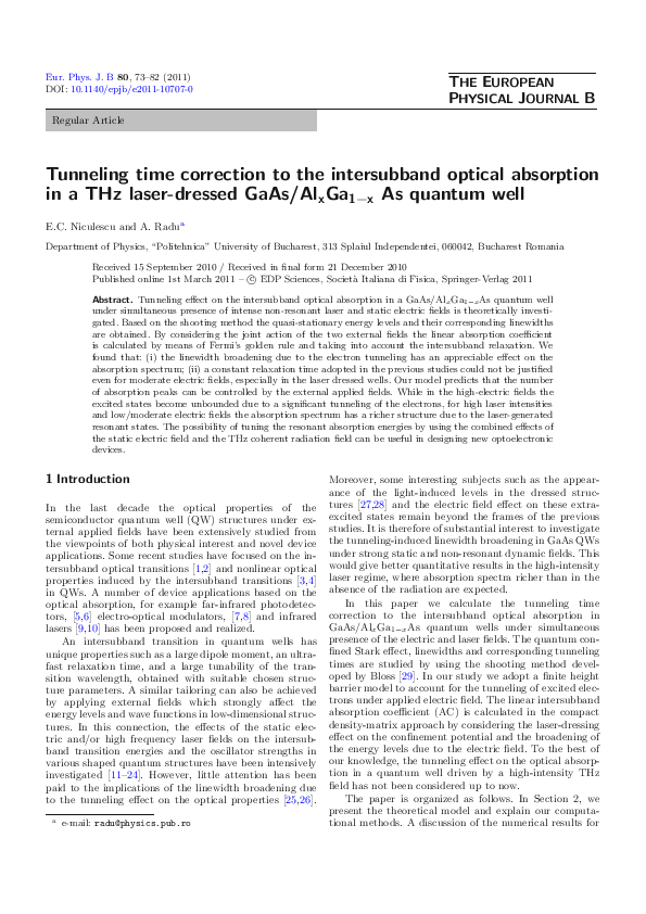 (PDF) Tunneling time correction to the intersubband optical absorption ...