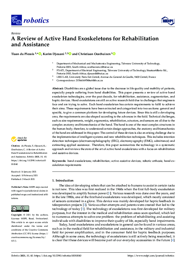 (PDF) A Review of Active Hand Exoskeletons for Rehabilitation and ...