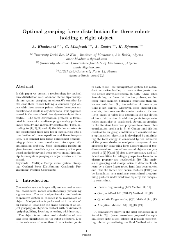 (PDF) Optimal grasping force distribution for three robots holding a ...