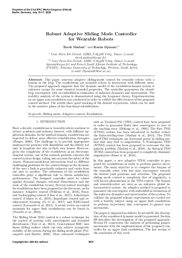 (PDF) Robust Adaptive Sliding Mode Controller for Wearable Robots