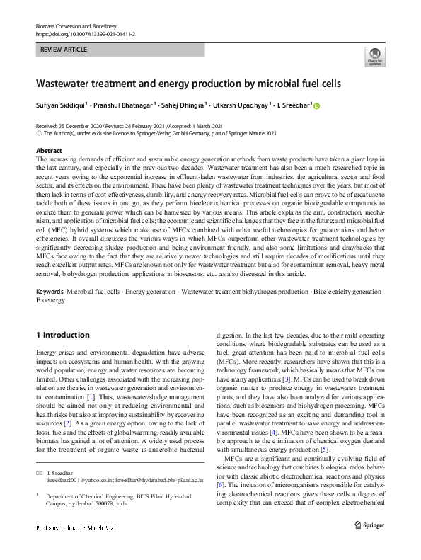 (PDF) Wastewater treatment and energy production by microbial fuel cells