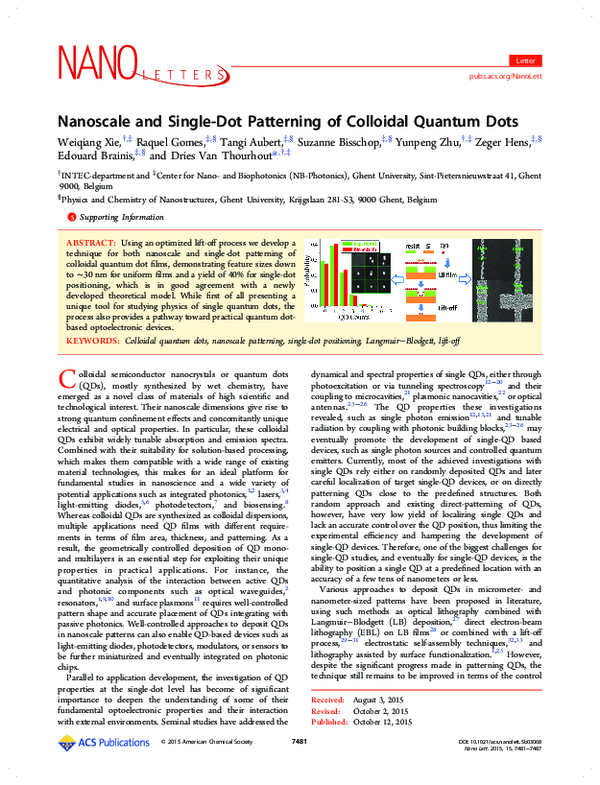 (PDF) Nanoscale and Single-dot Patterning of Colloidal Quantum Dots