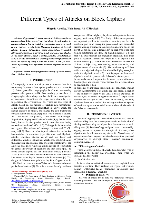 (PDF) Different Types of Attacks on Block Ciphers