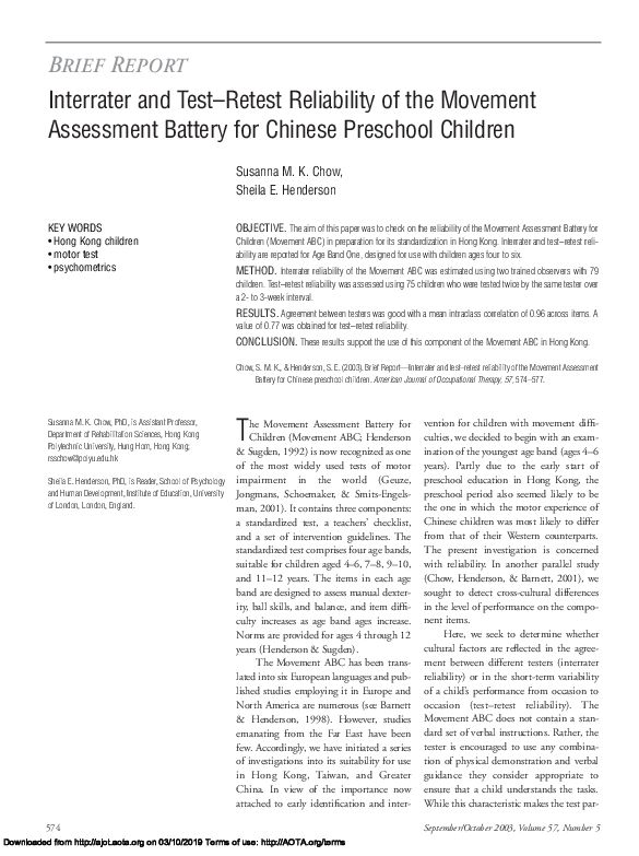 (PDF) Interrater and Test–Retest Reliability of the Movement Assessment ...