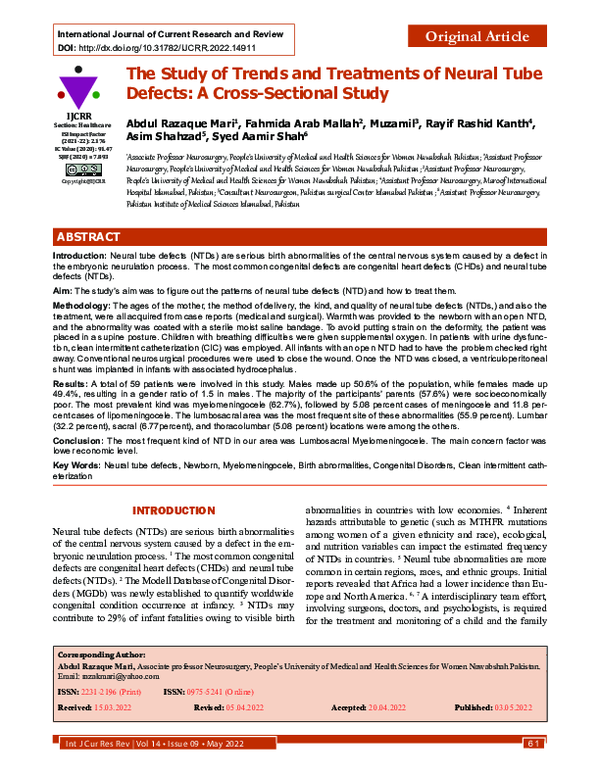 (PDF) The Study of Trends and Treatments of Neural Tube Defects: A ...