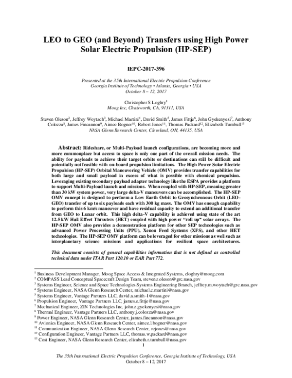 (PDF) LEO to GEO (and Beyond) Transfers Using High Power Solar Electric ...
