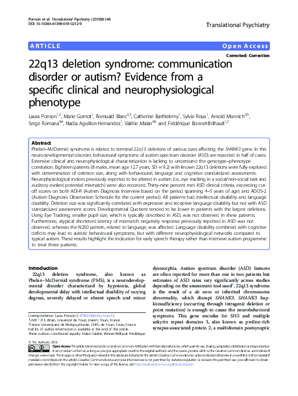 (PDF) 22q13 deletion syndrome: communication disorder or autism ...