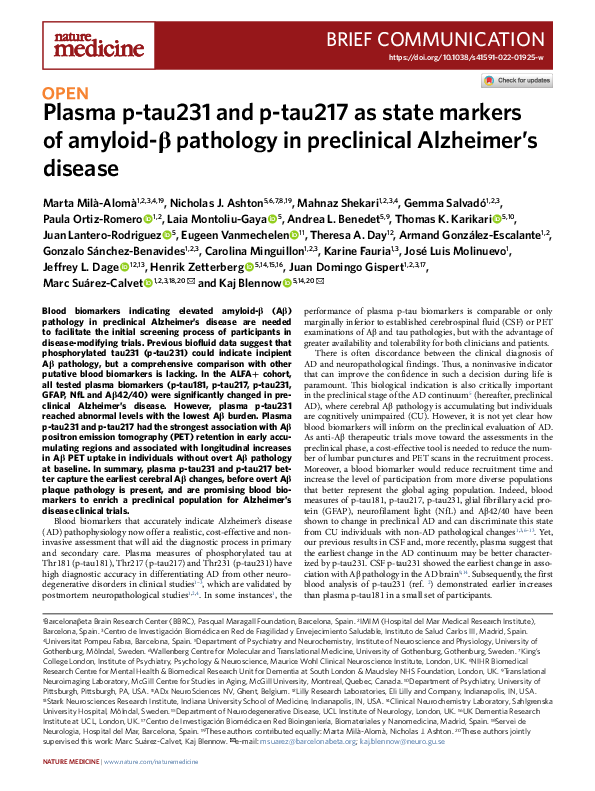 (PDF) Plasma p-tau231 and p-tau217 as state markers of amyloid-β ...
