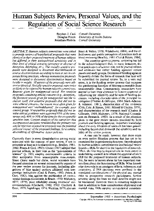 (PDF) Human subjects review, personal values, and the regulation of ...