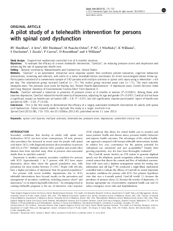(PDF) A pilot study of a telehealth intervention for persons with ...