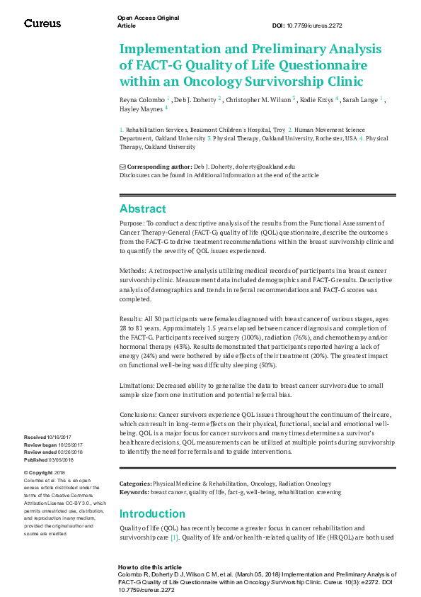(PDF) Implementation and Preliminary Analysis of FACT-G Quality of Life ...