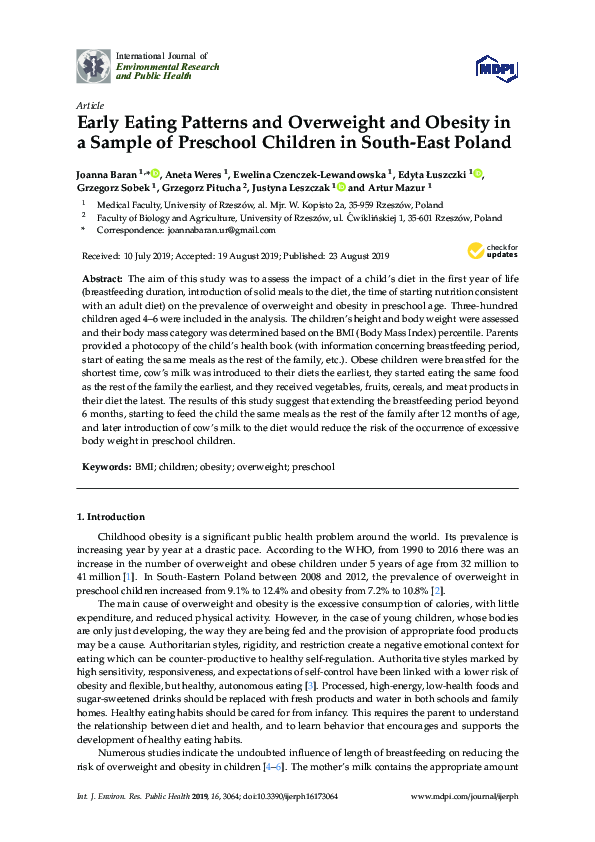 (PDF) Early Eating Patterns and Overweight and Obesity in a Sample of ...