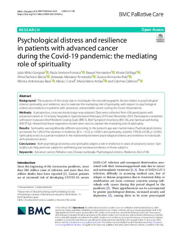 (PDF) Psychological distress and resilience in patients with advanced ...